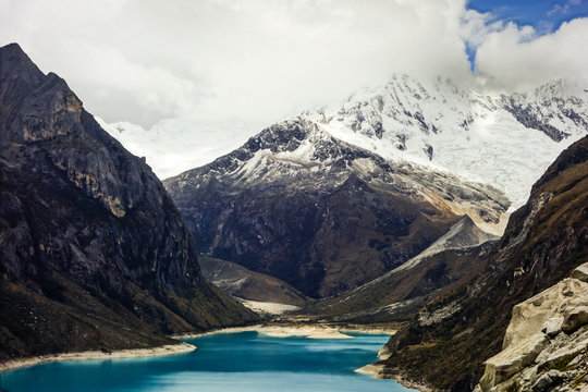 Paron lagoon, at Huascaran National Park, Peru. A green lake in the Cordillera Blanca on the Peruvian Andes