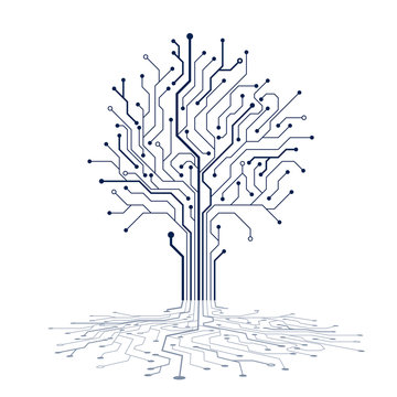 Circuit tree silhouette. Technology background design. Computer engineering hardware system. Vector