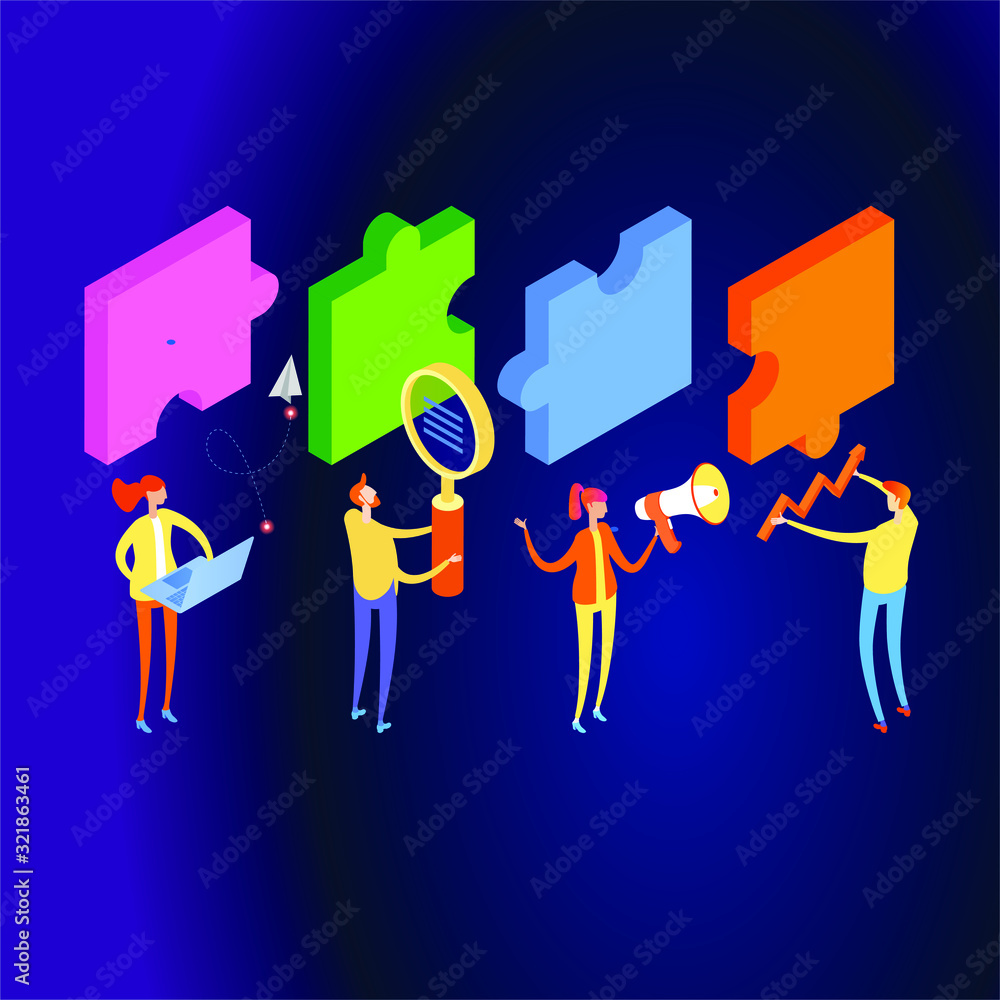 Poster startup team. people interact with each other, with computers, graphics, puzzles. goal thinking. mod