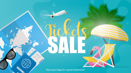 Ticket sale poster. Deck chair and sun umbrella with yellow stripes, palm trees and pink flamingos swimming circle, world map, sun glasses, passport, airline tickets, airplane.