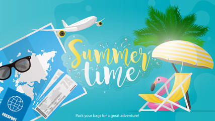 Summer time. The banner is blue. World map, sun glasses, airplane thumbnail, beach deck chair and umbrella. An inflatable circle in the form of a pink flamingo. Vector illustration.