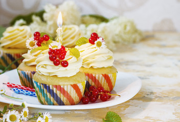 Gentle, festive cupcake with cream and berries nd a candle a light background