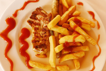 french fries with ketchup and mustard