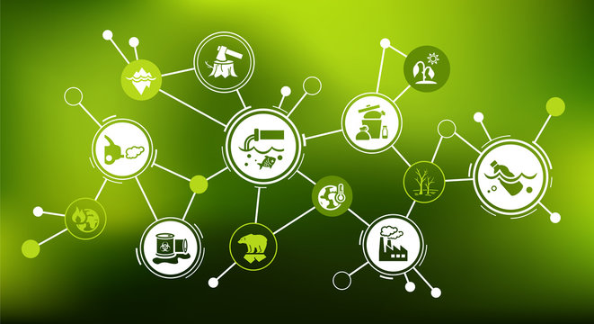 pollution and environmental damage vector illustration. Abstract concept with connected icons related to ecological destruction, contamination, garbage in the ocean and industrial emission.