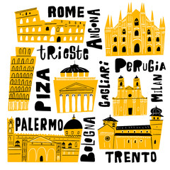 Vector illustration of different attractions and landmarks of Italy. Lettering.