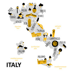 Stylized map of Italy with main attractions, landmarks and cultural symbols