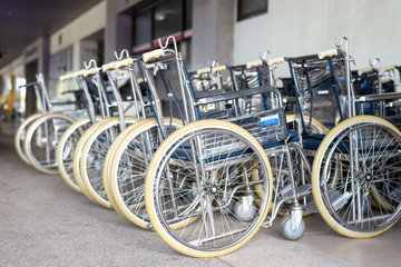 Empty wheelchair  storage by stacking or arrangement in row for ready to service to patient at hospital