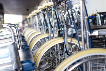 Empty wheelchair  storage by stacking or arrangement in row for ready to service to patient