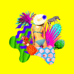Contemporary art collage.  Vacation beach Girl. Summer tropical vibes