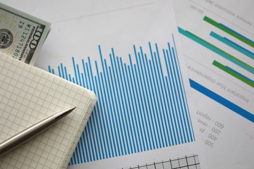 Paperwork in notebook and with schedule in office. On table laid out various accessories for work. In middle sheet with thin graph columns, on it lie notebook, pen and banknotes, statistics report.