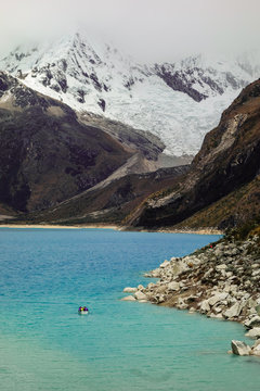 Paron lagoon, at Huascaran National Park, Peru. A green lake in the Cordillera Blanca on the Peruvian Andes
