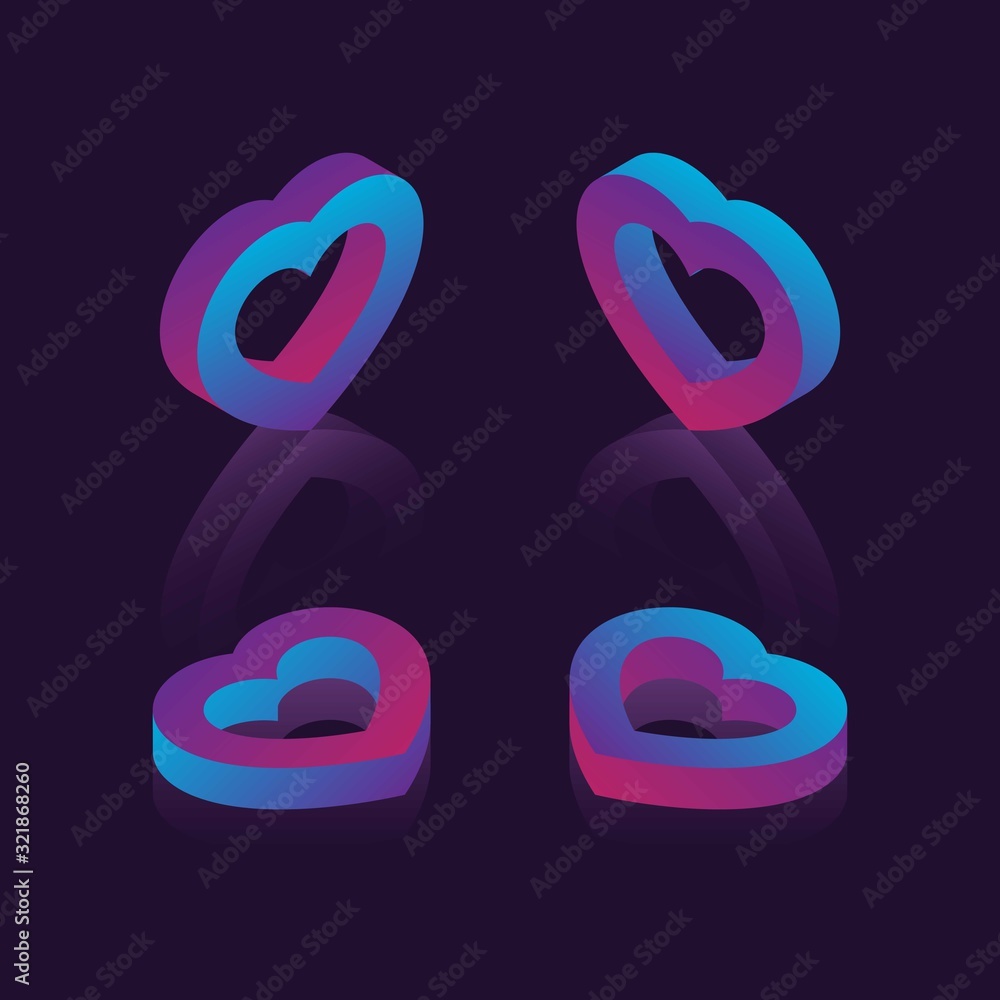 Aufkleber set of isometric symbols of heart with neon gradients on dark background. valentines day template de