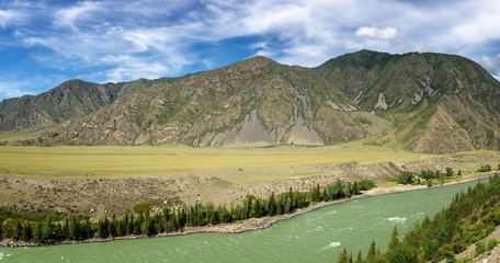 Panorama of the Katun River in the Altai Mountains, Russia