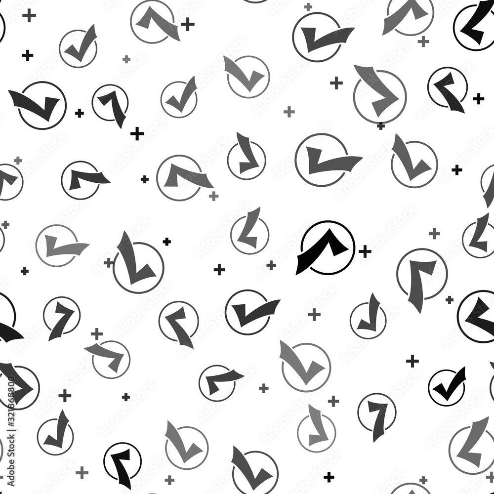 Poster Black Check mark in round icon isolated seamless pattern on white background. Check list button sign. Vector Illustration