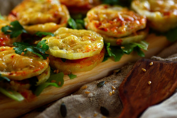 Sandwiches from zucchini with herbs. Rustic snacks still life.