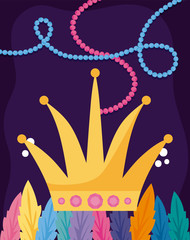 Fototapeta na wymiar Mardi gras crown with feathers and necklaces vector design