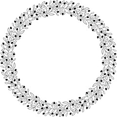 Cute little olive branches with fruits black on transparent background wreath. Simple doodle round frame with copy space. Use for religious decorations, harvest festivals, wedding invitations