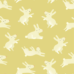 Cute seamless pattern with cute bunnyes in different poses on  the yellow background . Funny  print  with rabbits for textiles, wallpapers, designer paper, etc