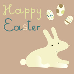 Easter rabbit, white cute  Bunny with a text- Happy Easter. Vector illustration on grey background. Perfect for gift card design, web sites, bunner,postcard.