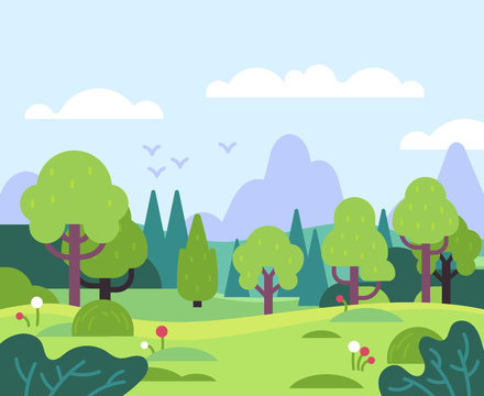 Minimal summer landscape. Nature park and forest plants, leaves and flowers. Mountain scenery for banner, greeting card flat vector background