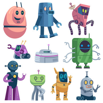 Cute robots. Colorful futuristic robotic computer toys, robot transformer, modern technology android assistant guardian cartoon vector set