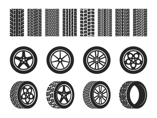 Wheel tires. Car tire tread tracks, motorcycle racing wheels and dirty tires track. Motocross bike trail, vehicle track or auto race tires. Vector isolated set - obrazy, fototapety, plakaty