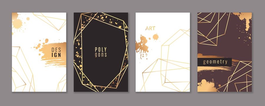 Card with gold frames. Trendy luxury wedding invitations with elegant geometric polyhedron, graphic ornament brochure or flyer vector template