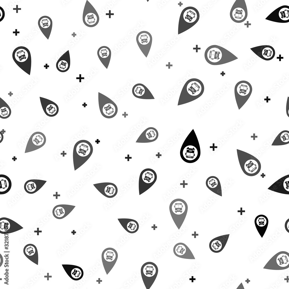 Poster black map pointer with bus icon isolated seamless pattern on white background. vector illustration