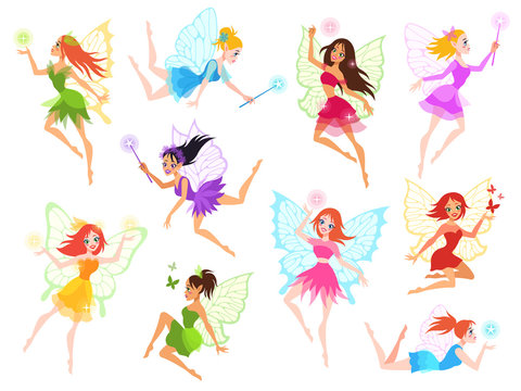 Fairy. Magical little fairies in different color dresses with wings, mythological winged flying fairytale characters for kids book vector set