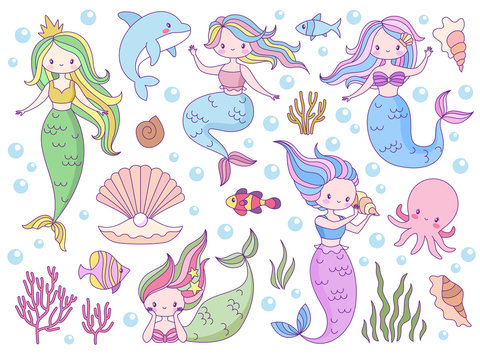 Mermaid. Sea world little mermaids, cute mythical princess and dolphin, seashell and seaweeds, fishes for print books, game vector characters