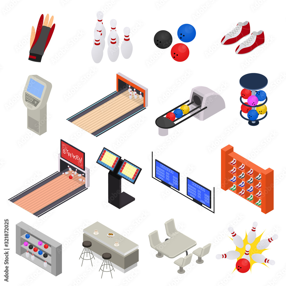 Sticker Bowling Game Sign 3d Icon Set Isometric View. Vector