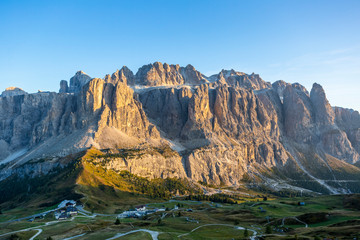 View of Gardena Pass and Sella group from Pizes de Cir, Italy