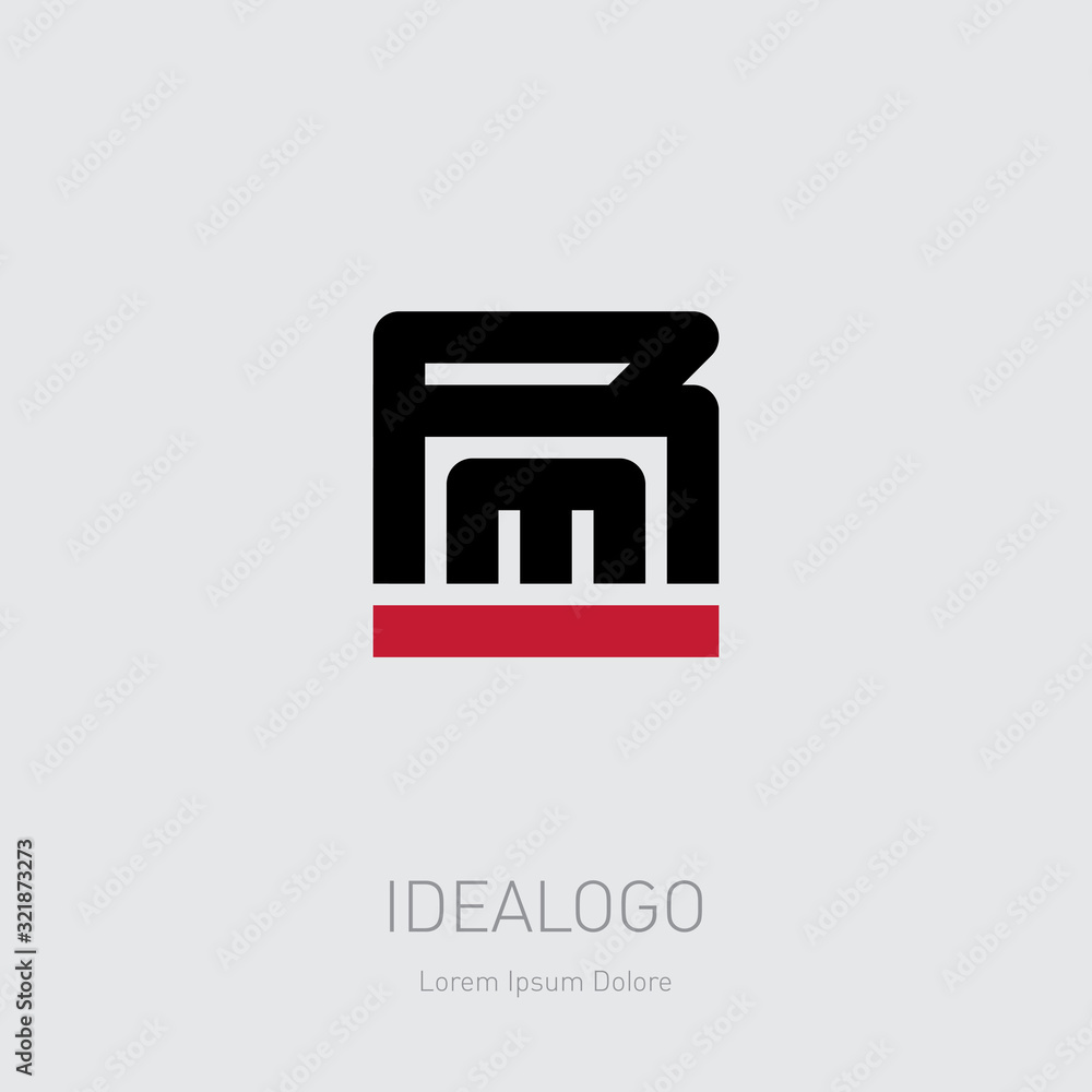 Poster RM - logotype with letters and parallel red lines. R and M - initials or logo. Vector Design element, monogram or icon.