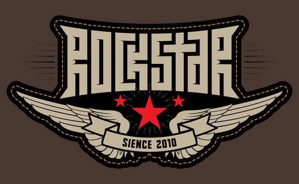 Rock star - patch with stitching. Rockstar - t-shirt design with wings and stars. T-shirt apparels cool print. Vector.