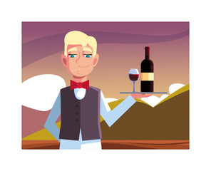 man waiter holding tray with bottle wine