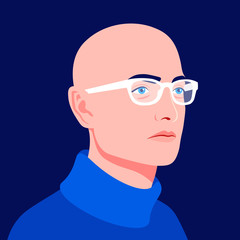 Portrait of a young bald man in a half-turn. Professional avatar for a social network. Head of a businessman in stylish glasses. Vector flat illustration