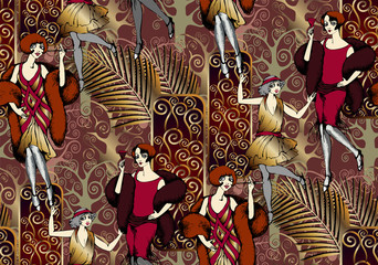 Fototapety  Seamless pattern. Suitable for fabric, wrapping paper and the like. Pretty girls dressed for a party in the style of roaring twenties. Vector illustration