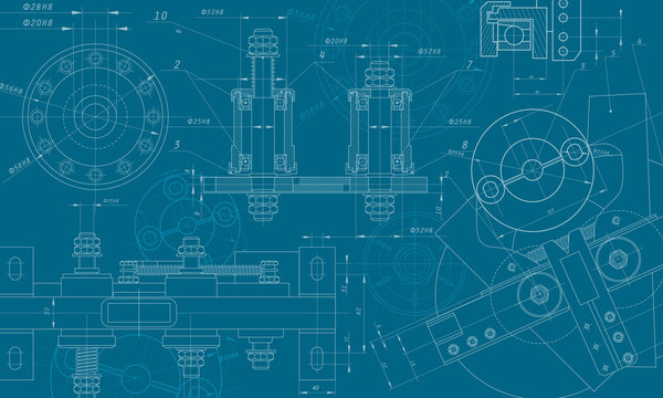 Mechanical engineering drawing on blue background. Sectioning objects with holes, ribs. Technical drawing.