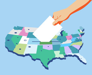 Giorno delle elezioni in America, mano che tiene la scheda elettorale, sfondo mappa americana - illustrazione vettoriale - obrazy, fototapety, plakaty