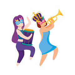 Women with mardi gras crown masks drum and trumpet vector design