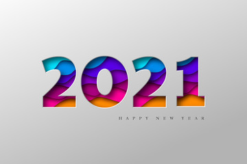 2021 New Year banner. Paper cut numbers with 3d bright colors wavy shapes. Minimal cover design. Template for Christmas flyers, greeting cards, brochures. Vector. - obrazy, fototapety, plakaty