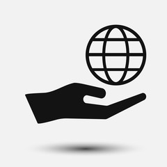 Hand holding globe icon isolated on white background. Vector illustration.
