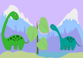 dinosaurs in front of mointains cartoon style