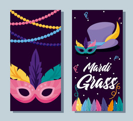 Mardi gras masks and hat with necklaces vector design
