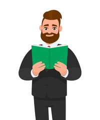 Young businessman is holding and reading a book. Person is looking a textbook. Male character design illustration. Human emotions, facial expressions concept in vector cartoon style.