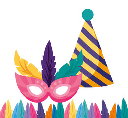 Isolated striped hat and mask with feathers vector design