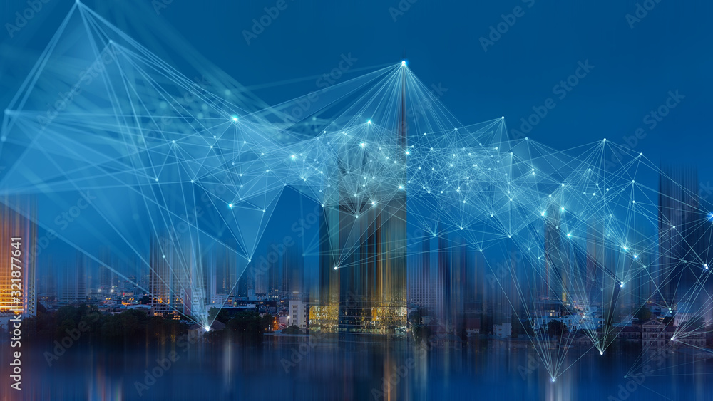 Aufkleber wireless network and connection technology concept with abstract bangkok city background