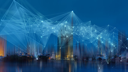 Wireless network and Connection technology concept with Abstract Bangkok city background
