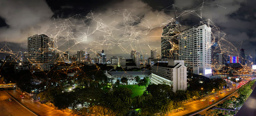 Wireless network and Connection technology concept with Abstract Bangkok city background
