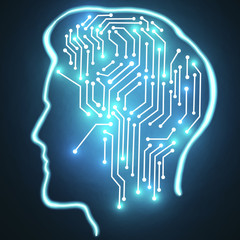 Male head outline with circuit board inside.